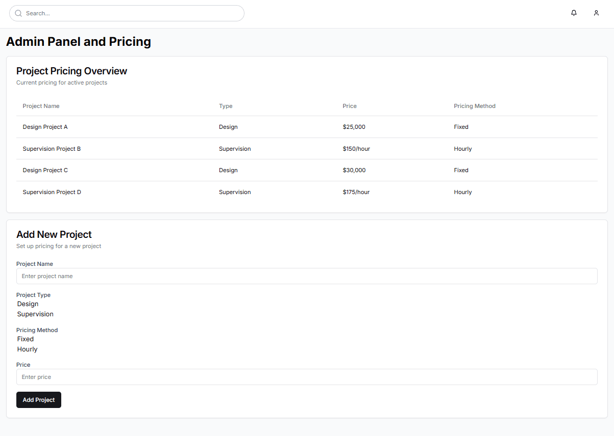 Admin and pricing interface